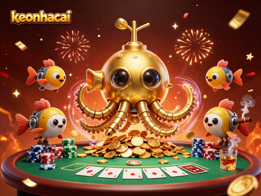 Experience the thrill of keonhacai with our golden kraken submarine surfacing through coins and poker excitement.