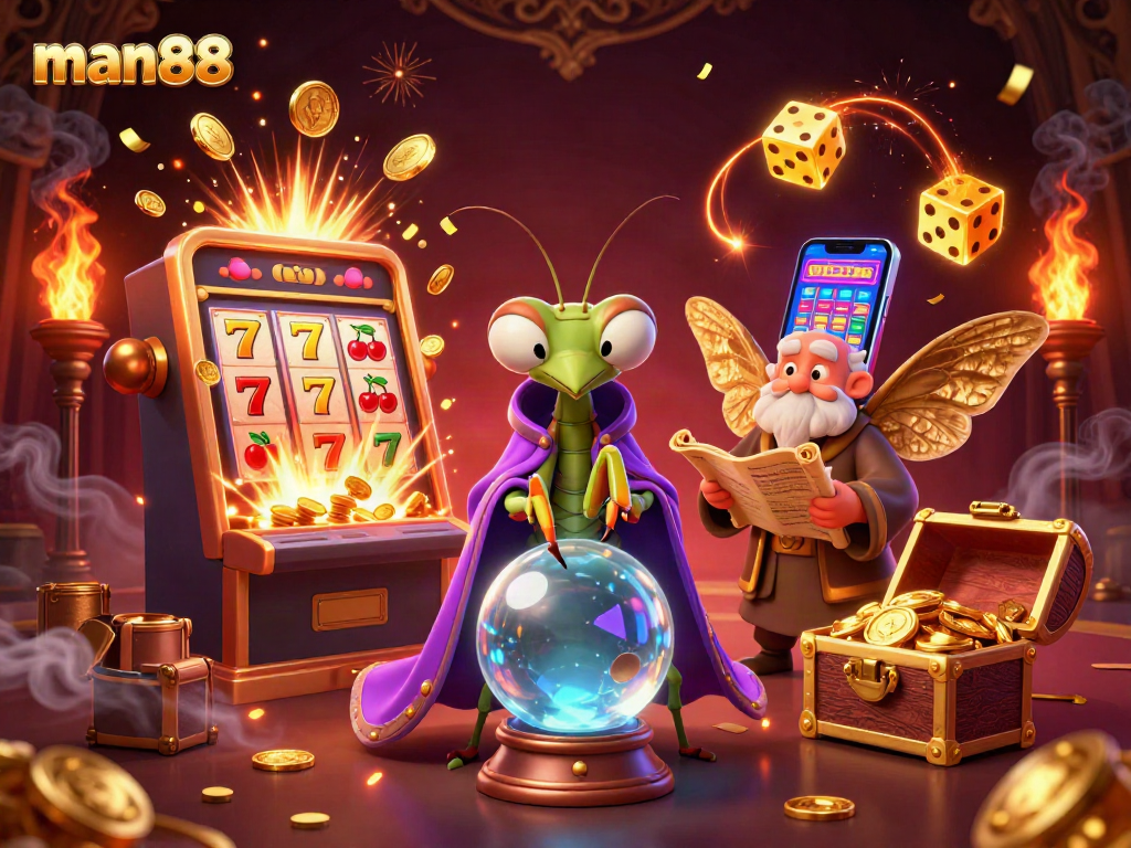Engage with man88's vibrant 3D casino scene featuring fortune tellers and jackpot excitement.