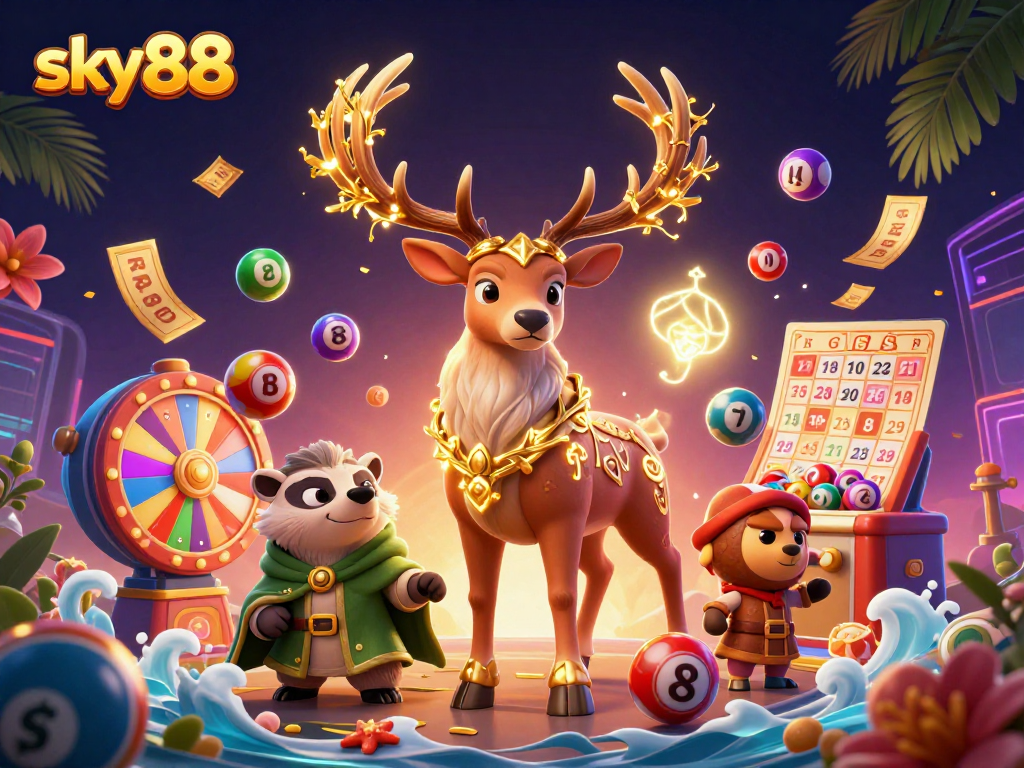 Sky88 showcases vibrant lottery activities through a druid stag and badger in dynamic 3D art.