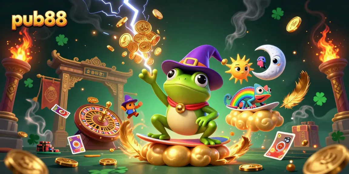 Experience the thrill of pub88 with a golden coin storm, roulette wheel, and vibrant characters