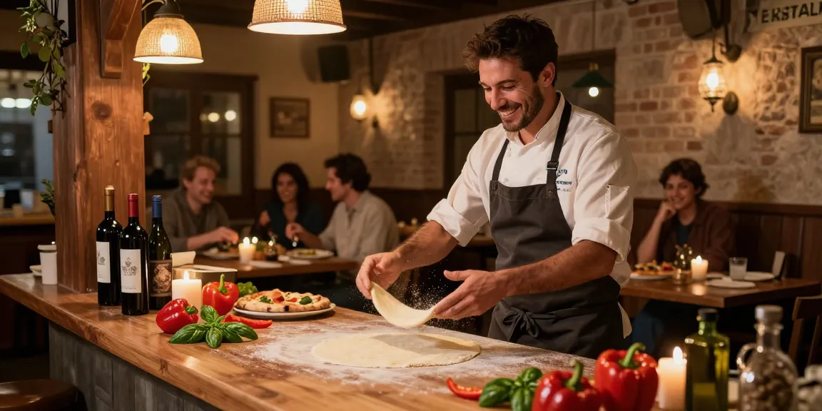 Delicious pg soft pizza dough being tossed by a skilled chef in a cozy Italian restaurant.