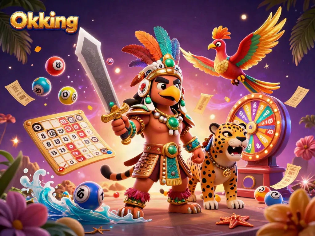 Engage in thrilling gameplay at Okking with an Aztec warrior and vibrant lottery elements.