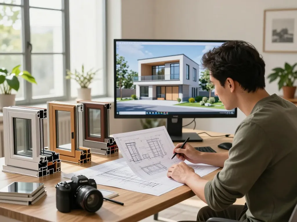 Architekt prüft Fensterbau-Entwürfe in einem modernen Arbeitsplatz mit natürlichem Licht
