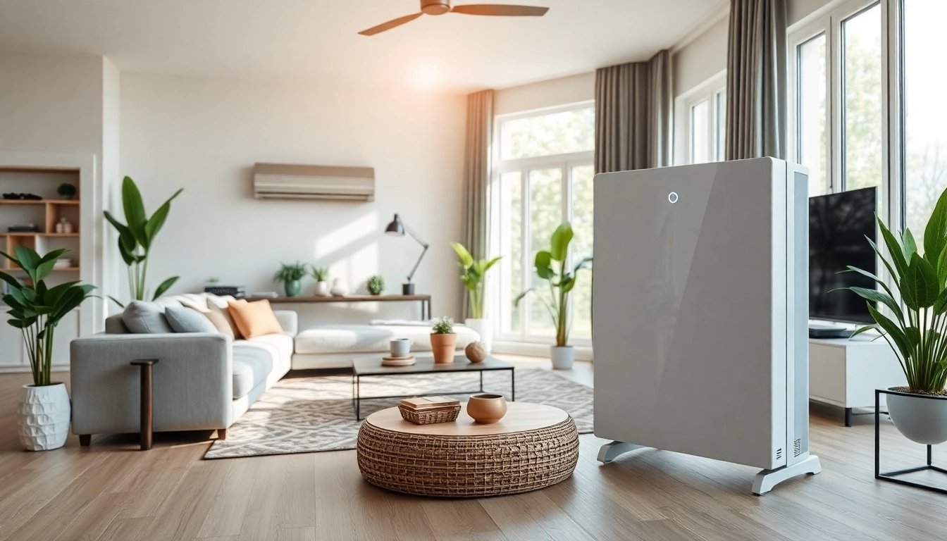 Klimaanlagen kaufen: Modernes Wohnzimmer mit schlanker Klimaanlage, das Komfort und Stil vereint.