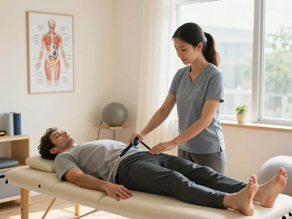 Effective therapy demonstration at https://pelvi-care.de/ showing pelvic floor trainer with patient in a calming clinic.
