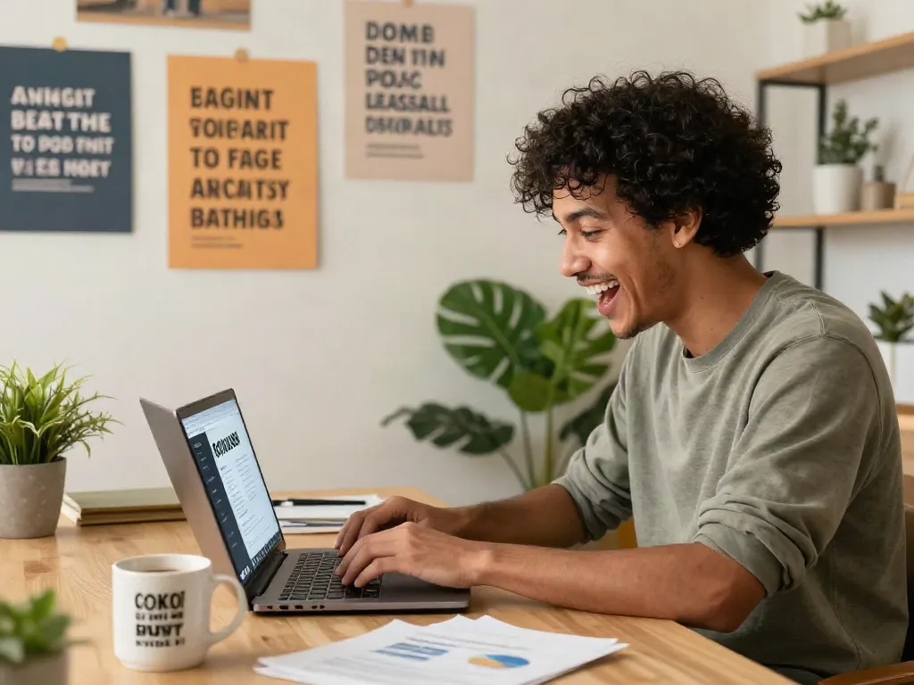 Person creating content for rokok88 in a cozy home office.