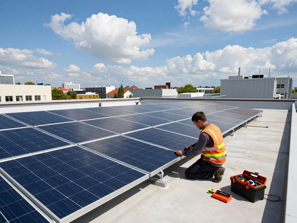 Photovoltaik Wien Installation mit Solarpanels auf einem städtischen Dach, das Nachhaltigkeit und moderne Energielösungen zeigt.