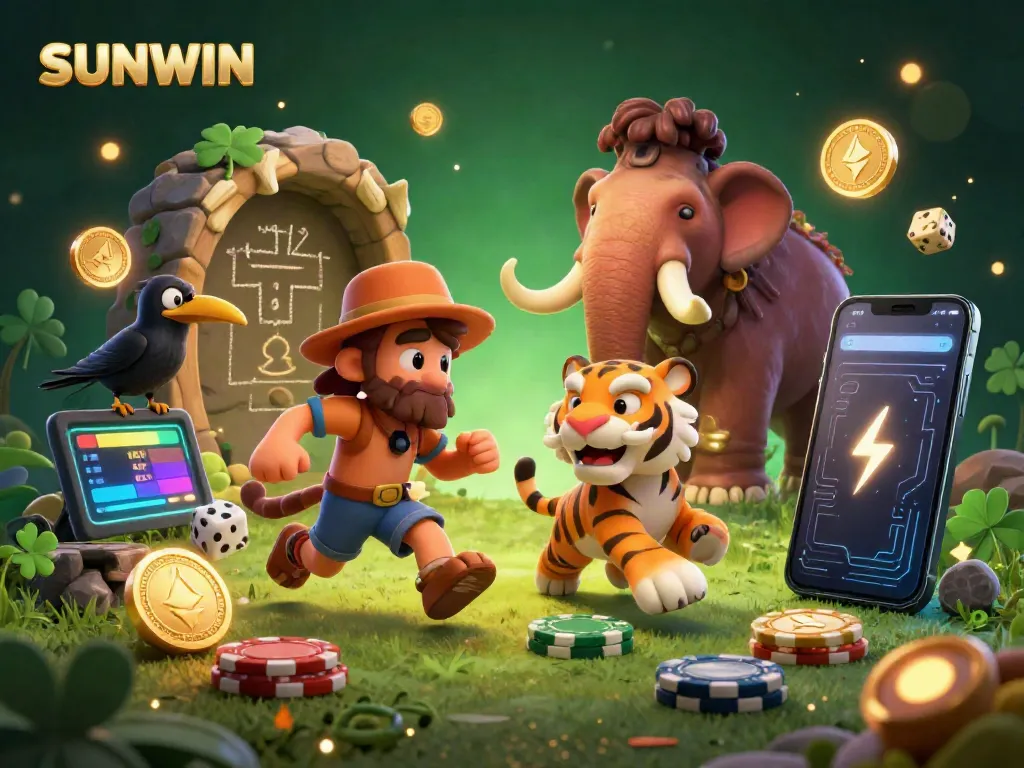 Engage in high-stakes gaming action at SUNWIN with vibrant cartoon characters in a dynamic casino scene.
