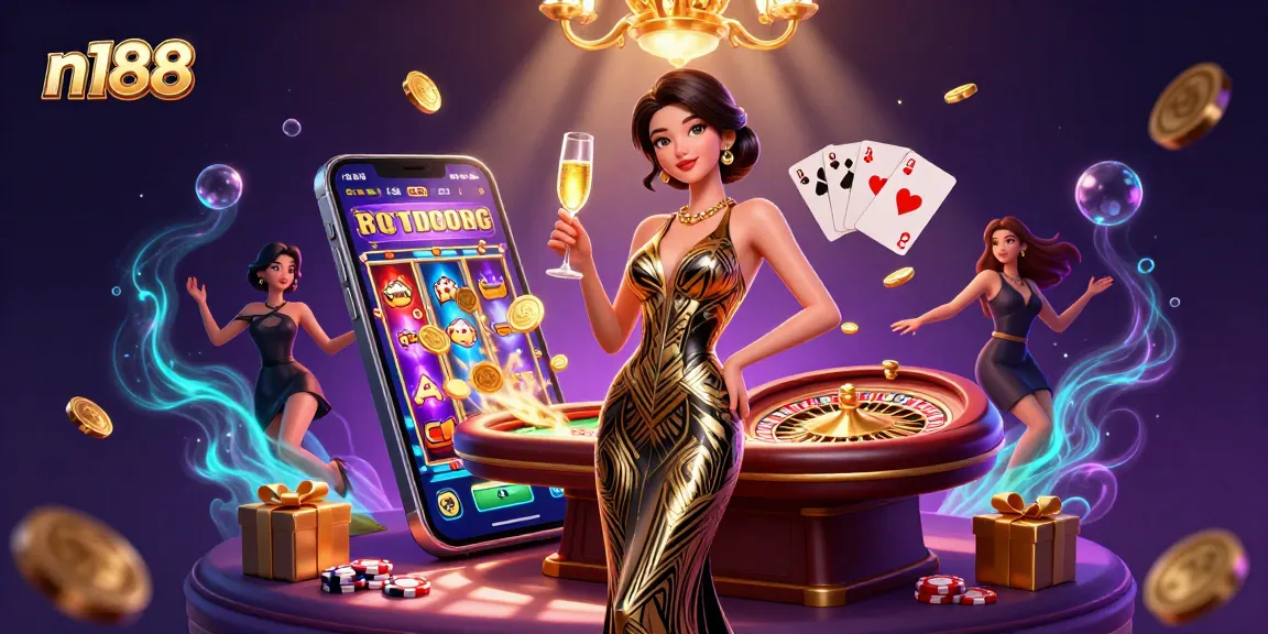 N188 casino scene featuring an elegant Asian woman celebrating wins with slot games, roulette, and casino glamour.