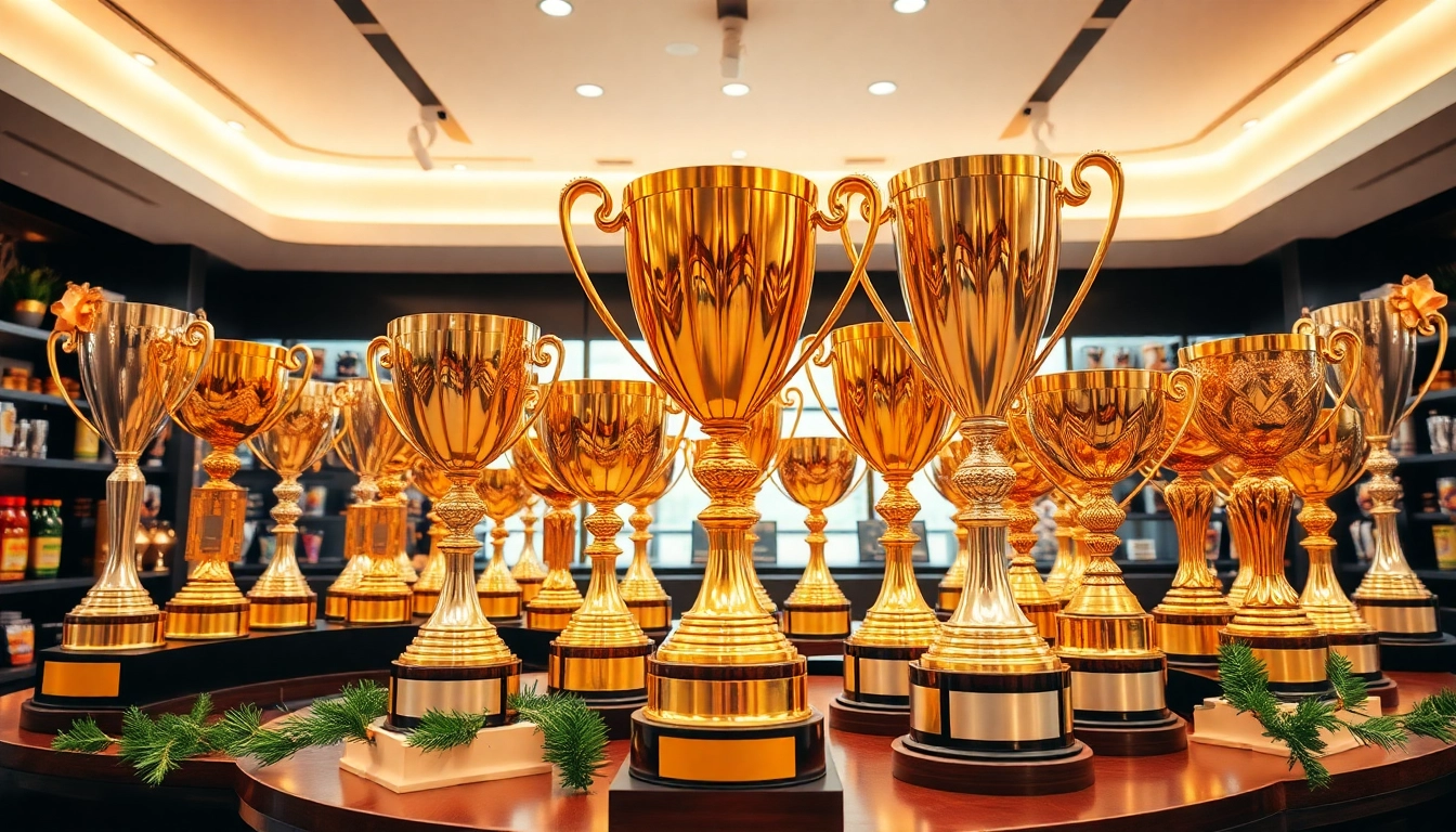Pokale online bestellen zeigt hochwertige Trophäen in einem eleganten Verkaufsraum.