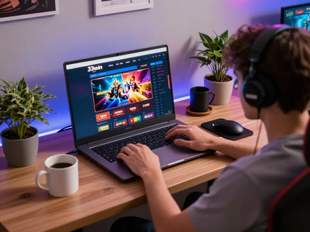 Engaged player exploring the 33win online casino interface from a stylish home desk