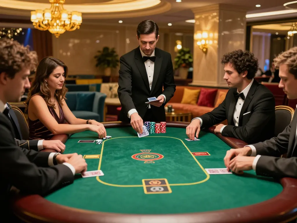 kp88 players enjoying a high-stakes poker game in a luxurious casino setting.