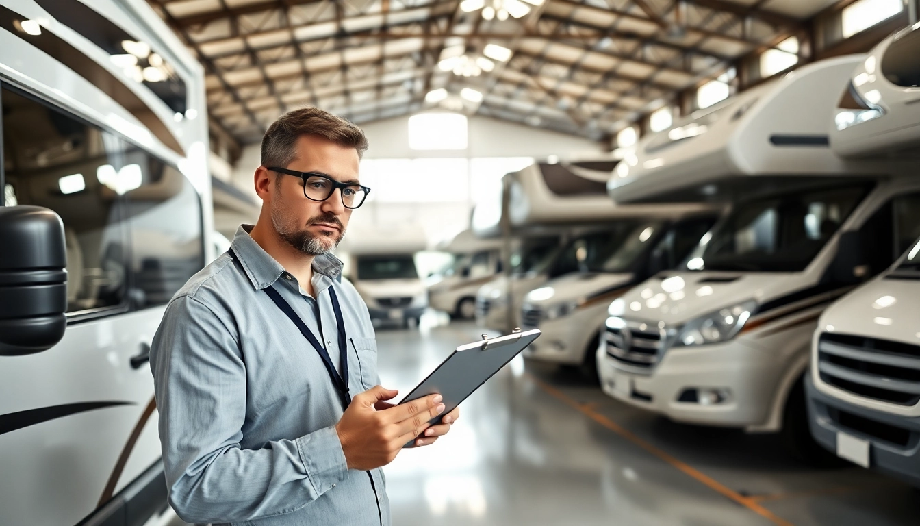 Wohnmobil Gutachten Augsburg in modern service garage with professional expert evaluating RV.