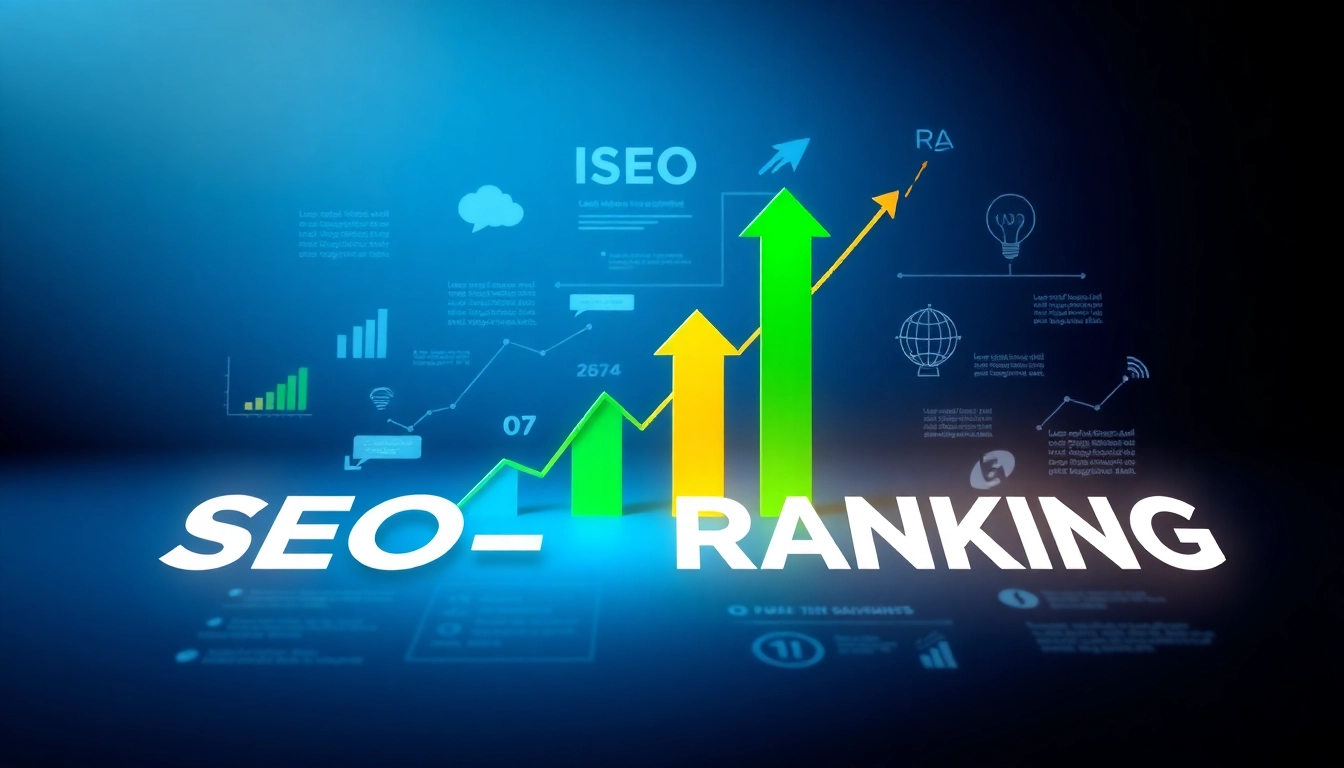 Visual infographic illustrating SEO-Ranking trends with colorful data charts and arrows.
