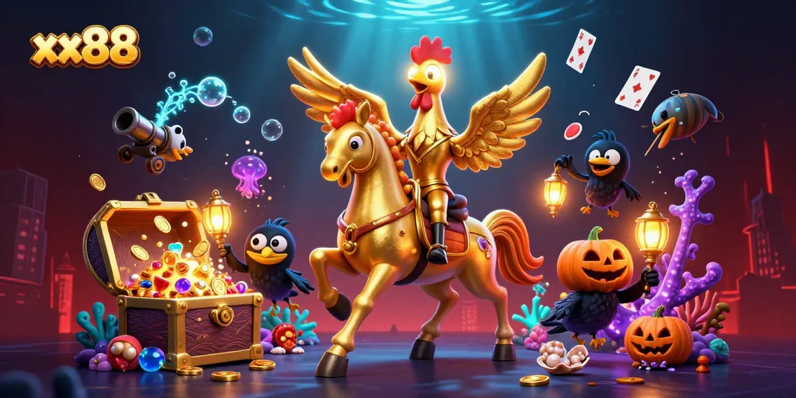 Experience the thrill of xx88 as a golden rooster navigates a glowing casino filled with treasures.