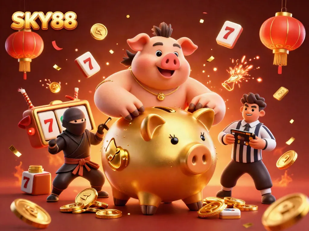Engage with SKY88's vibrant casino world featuring a golden piggy bank sumo wrestler amidst slots, coins, and festive decorations.
