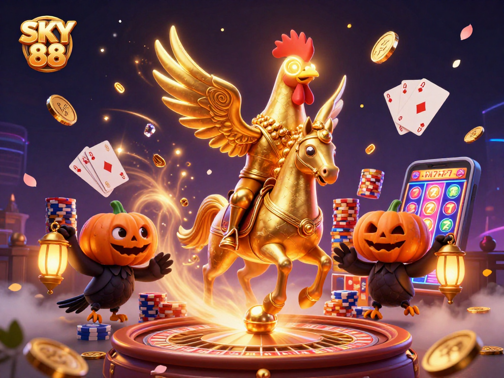 Experience the thrilling atmosphere of SKY 88 as the golden rooster navigates a midnight casino with cascading coins and vibrant games.