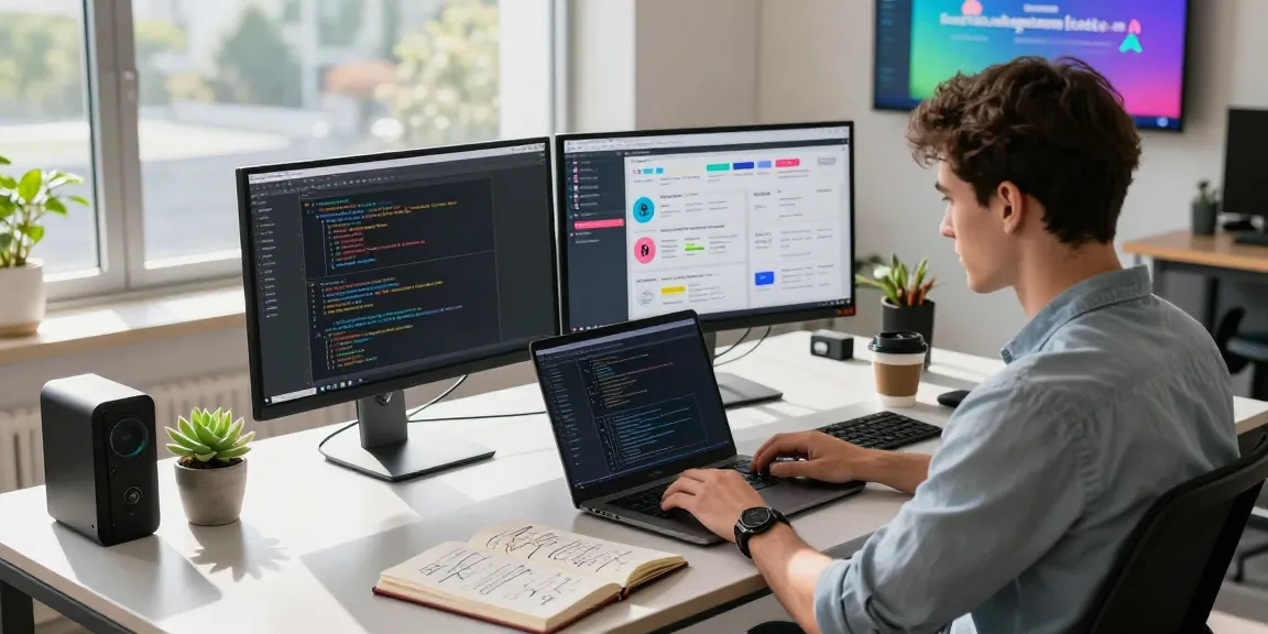 Build internal tools with AI in a modern workspace, featuring a young developer coding on dual monitors.