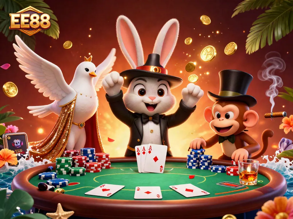 Experience the thrill with EE88 as a magician rabbit conjures coins amidst a lively casino scene.