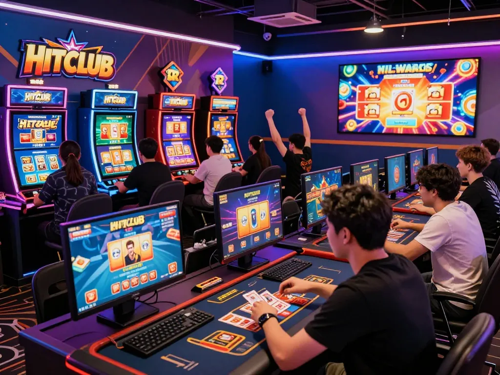 Hitclub gaming platform with diverse players enjoying card games and slots in a vibrant online casino atmosphere