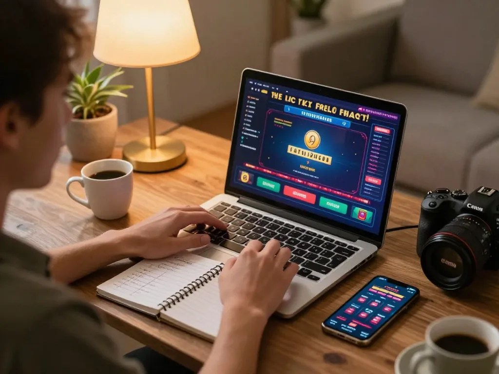 Participating in online gaming at https://f8bet.dental/ with a laptop on a cozy couch and strategic notes.