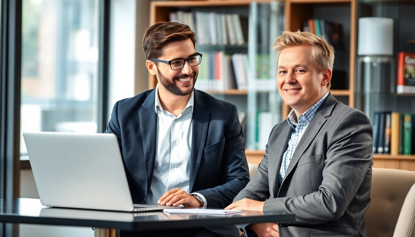 Personalvermittlung in einem modernen Büro, wo ein Personalvermittler mit einem Kandidaten spricht und die Atmosphäre eine freundliche und professionelle Unterstützung zeigt.