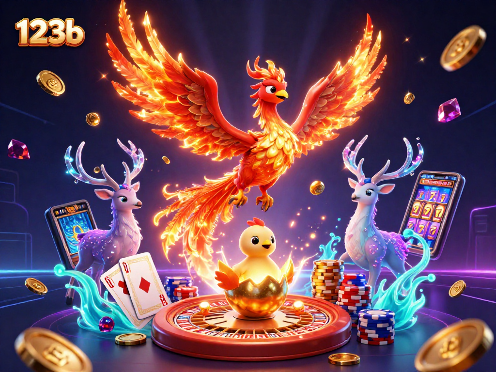 Experience thrilling wins with 123b, as golden coins cascade in an exhilarating casino scene.