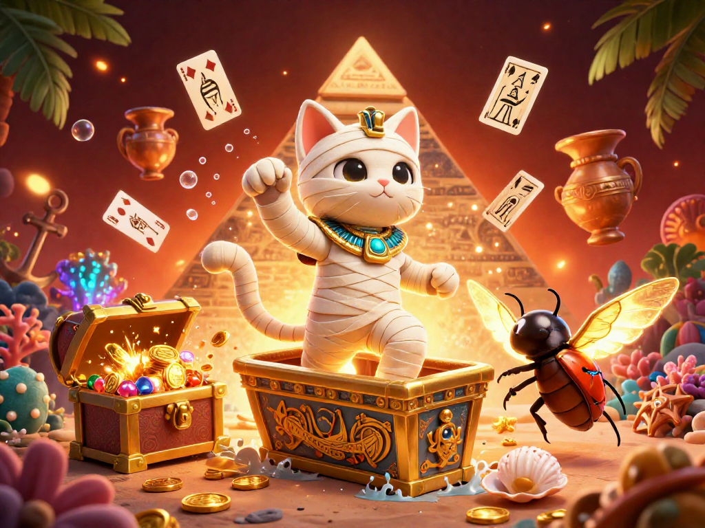 Experience thrilling gaming with 11bet as a mummy cat bursts from a golden sarcophagus in a vibrant casino.