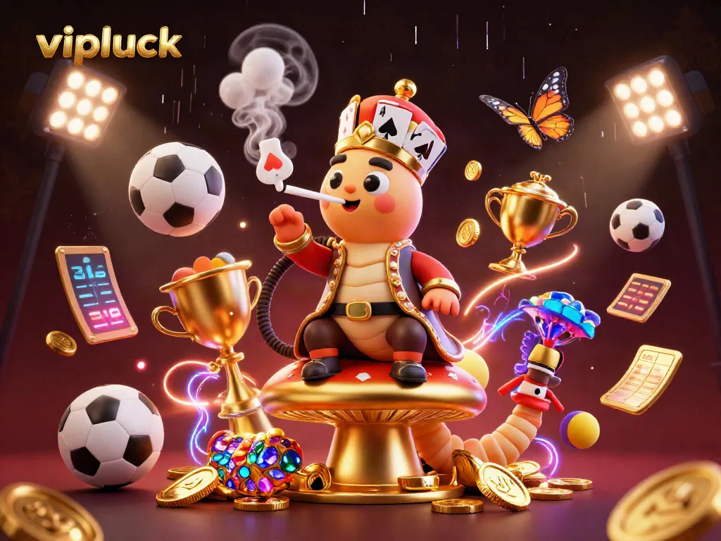 Experience the vibrant world of vipluck with a dynamic 3D rendering of a caterpillar hookah-master amidst colorful casino elements.