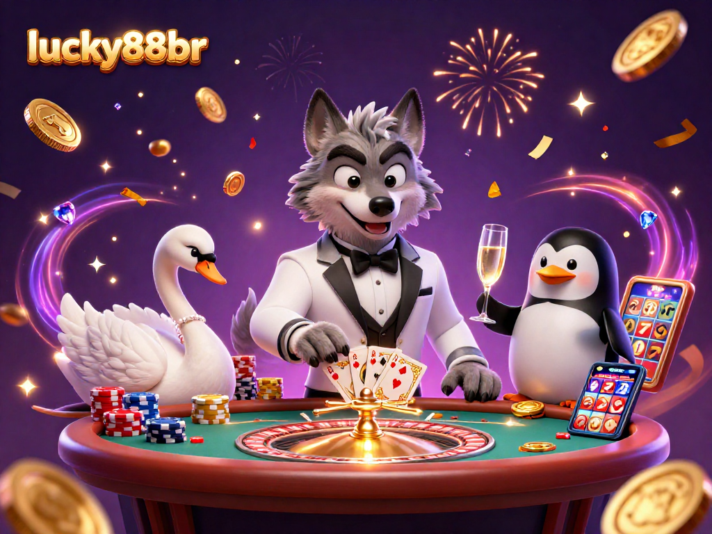 Experience thrilling gameplay with lucky88br featuring a wolf, swan, and penguin in an exciting casino scene.