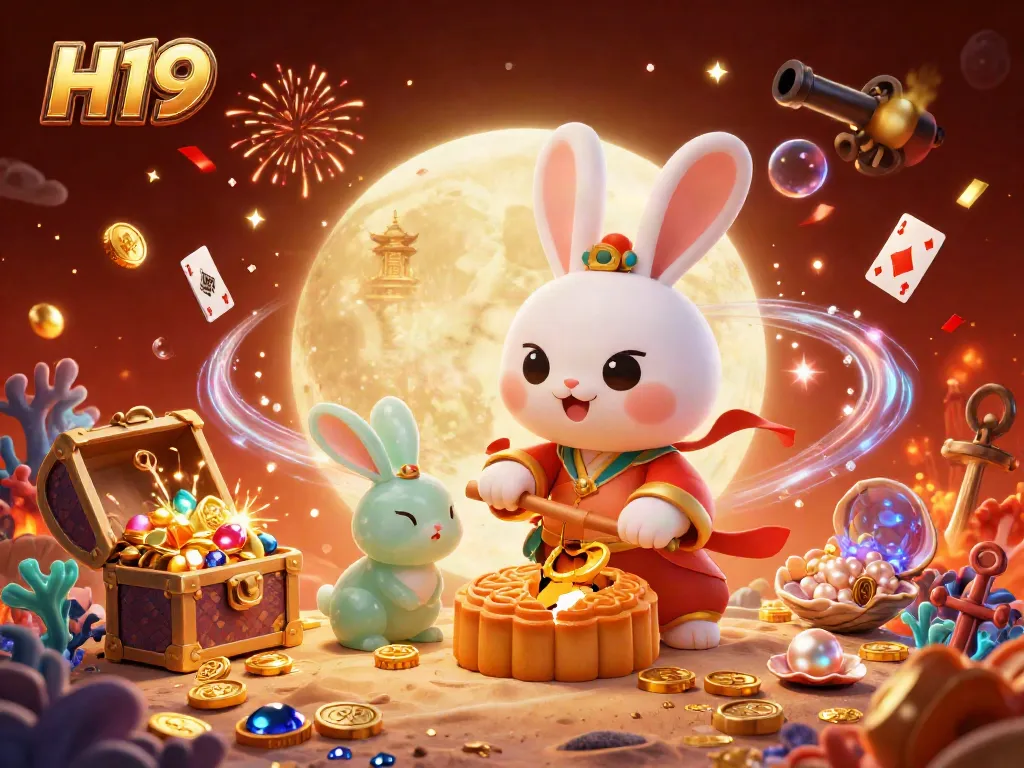 Engage with H19's vibrant online casino universe featuring lively moon rabbits revealing poker chips, set against a magical backdrop.