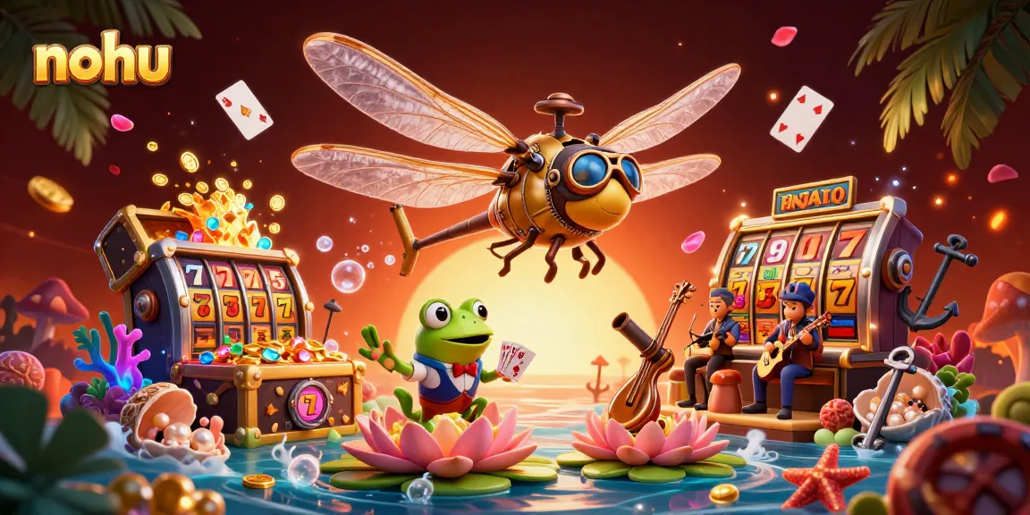 Embark on winning strategies in nohu casino games with a lively 3D illustration of dragonflies and frogs.
