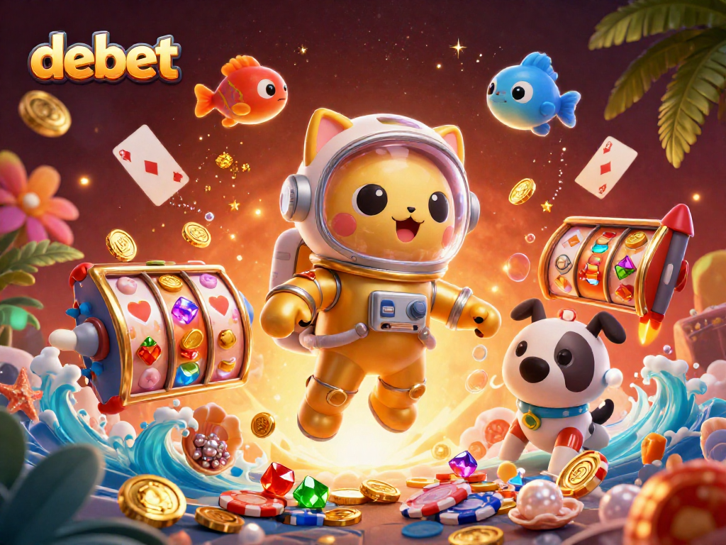Experience the excitement of debet with a vibrant 3D casino scene featuring an astronaut cat, robot dog, and dynamic gaming elements.