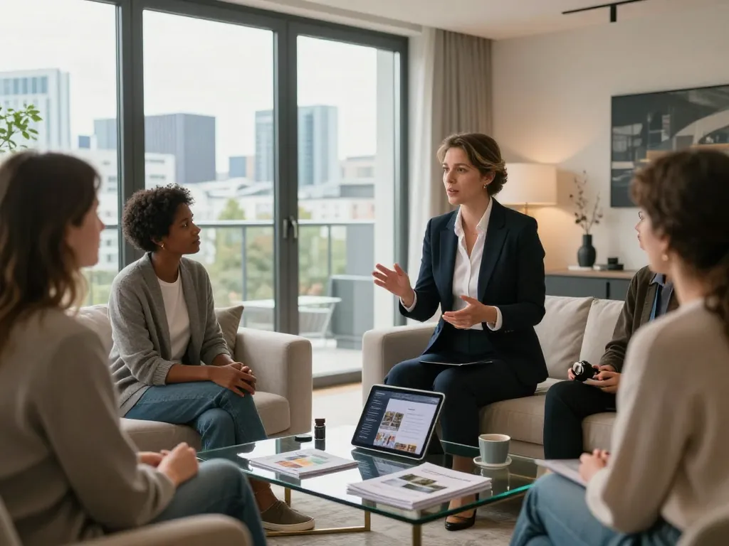 Immobilienmakler zeigt potenziellen Käufern Immobilien in Frankfurt Sachsenhausen und hebt einzigartige Merkmale sowie die einladende Atmosphäre hervor.