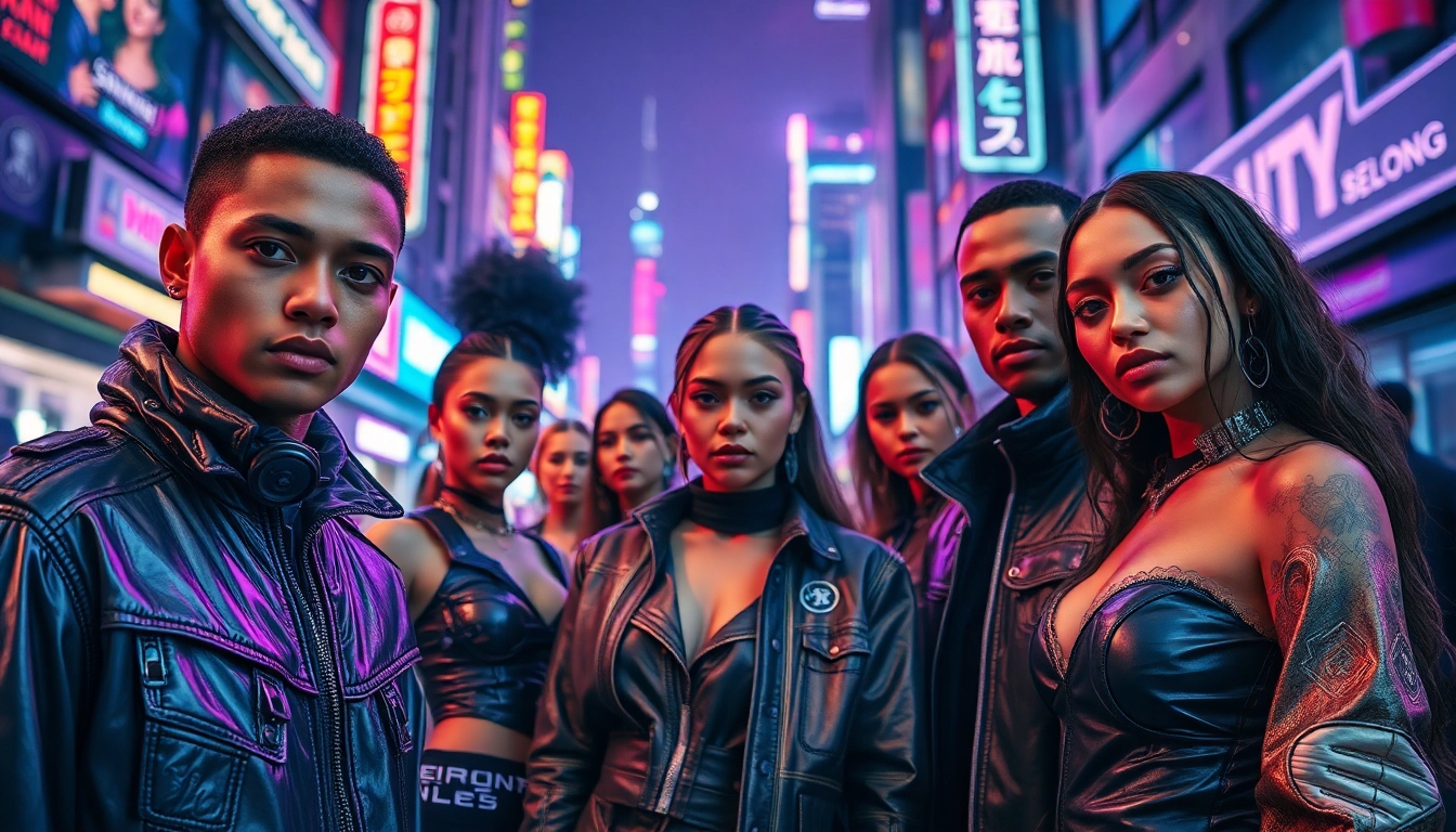 Stylish cyberpunk apparel on diverse models in a neon cityscape, highlighting futuristic designs.