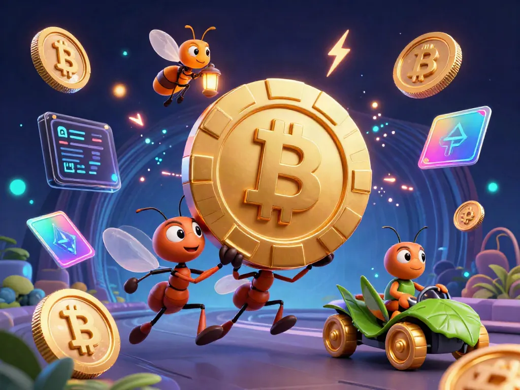 Experience thrilling 9bet gaming with a heist by cartoon ants carrying a giant poker chip amid crypto elements.