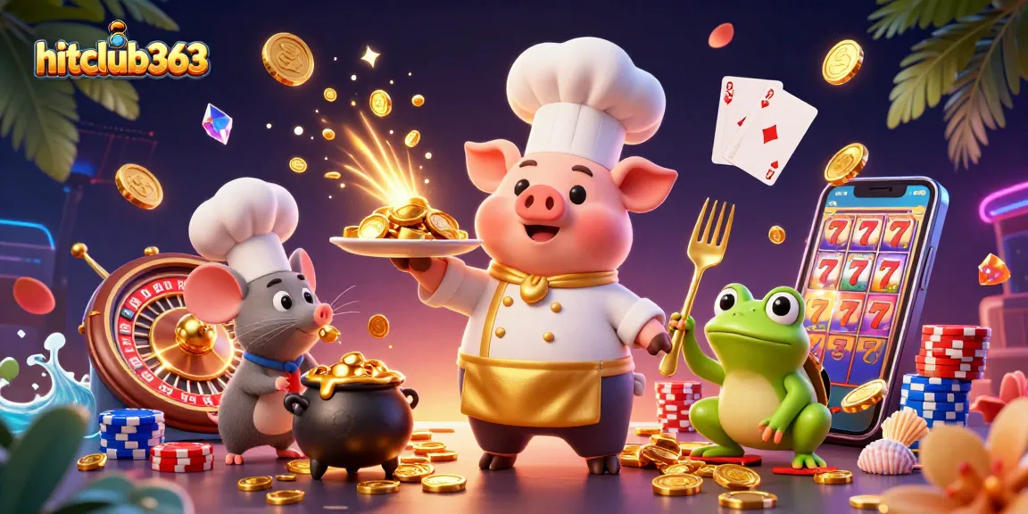 Experience the excitement of hitclub363 as chef pig serves wealth, surrounded by vibrant casino elements.