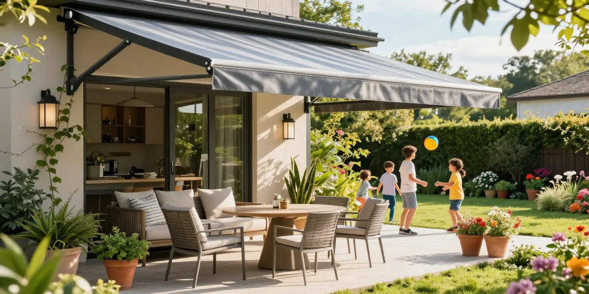 Terrassenüberdachungen in einem schönen Garten mit einer Familie, die eine entspannte Zeit im Freien verbringt.