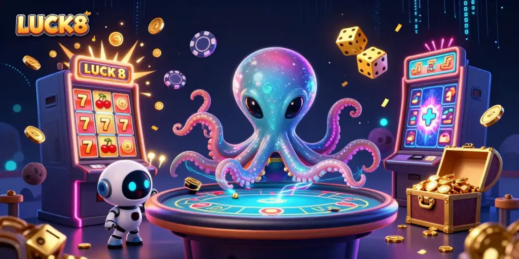 Experience the excitement of LUCK8 with an alien octopus at a futuristic casino.