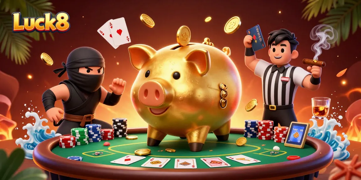 Engage with Luck8's immersive gaming experience in this vibrant 3D casino illustration.