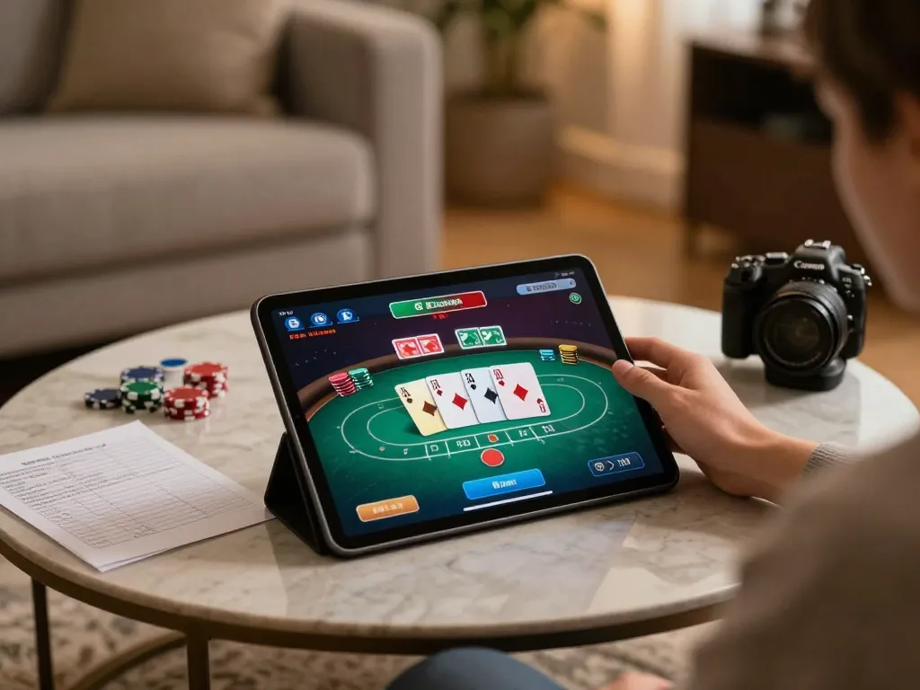 Engaged player using Man88 for online casino gaming in a welcoming home environment.