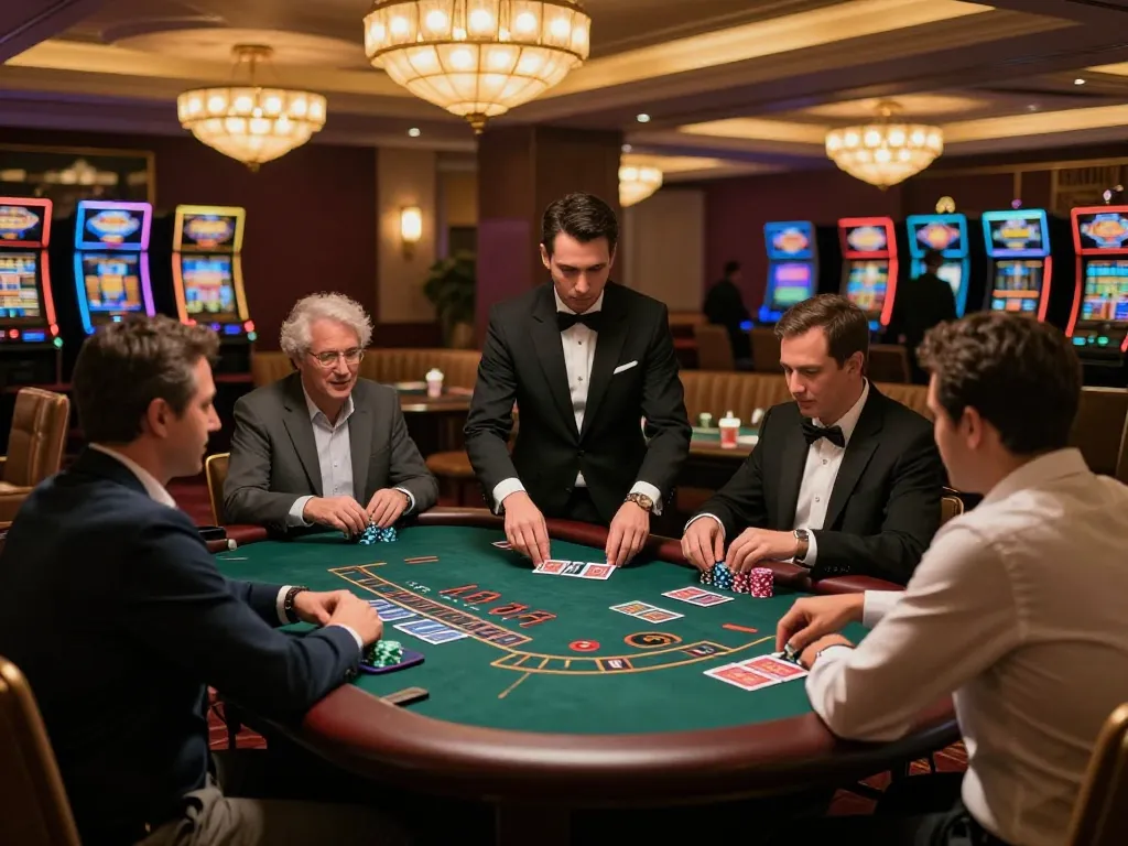 S8 players engaged in strategic blackjack action at a luxury casino table under warm ambient lighting.