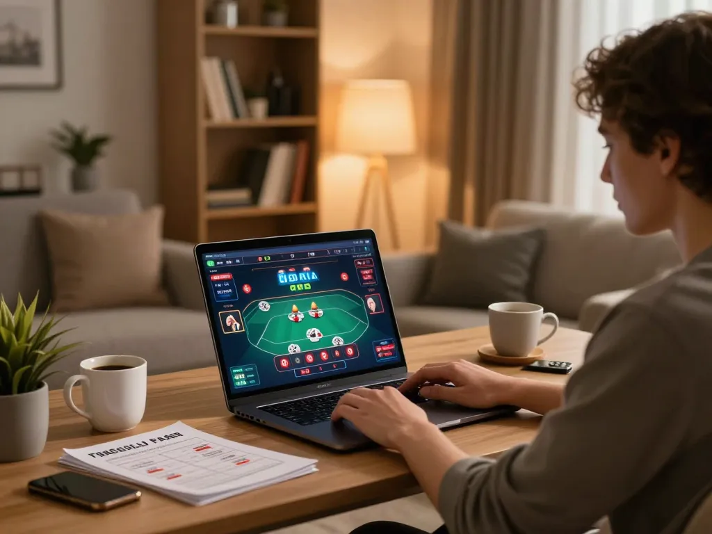X88 player engaging in online casino poker game at stylish home setup