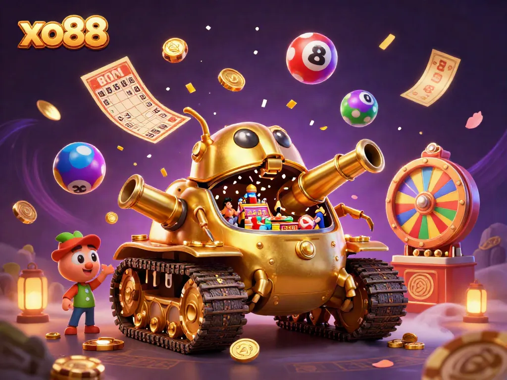 Experience the excitement of xo88 with a 3D cartoon golden beetle tank casino bursting with games and confetti.