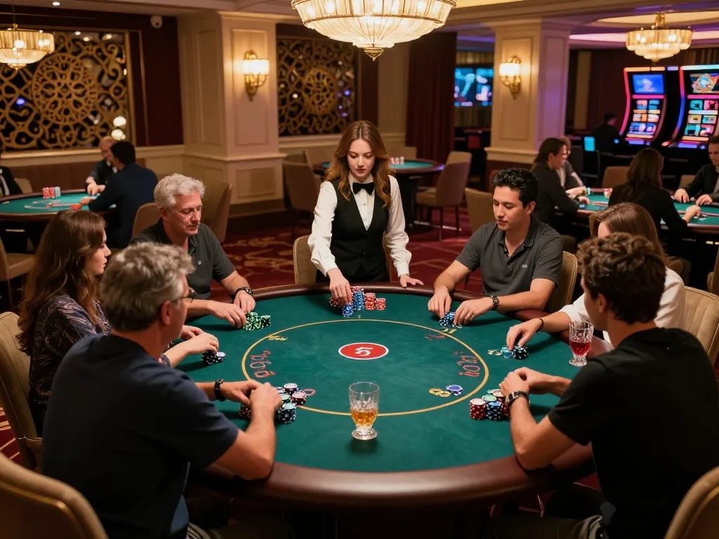 KUBET showcases an exclusive poker game in a luxurious VIP casino setting with engaged players.