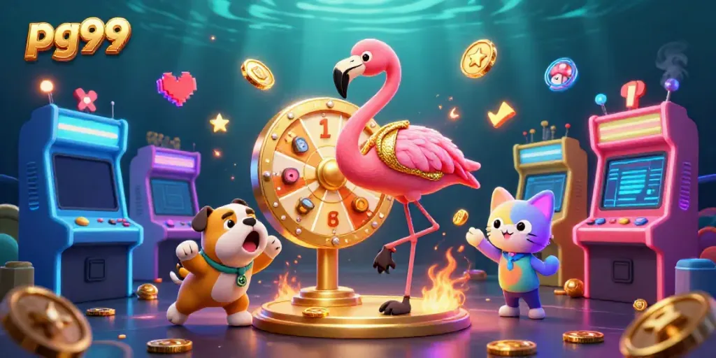 Engage with exciting games at pg99, featuring a flamingo host spinning a prize wheel in a colorful casino setting.