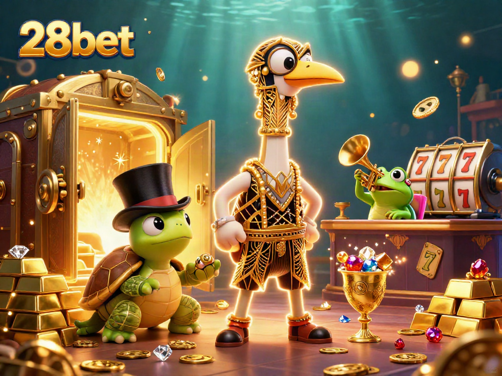 Engage with thrilling slots at 28bet, featuring vibrant characters and exciting casino elements.