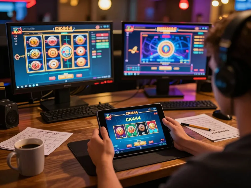 Engaged player exploring CK444 online casino gaming on tablet while enjoying coffee at home.