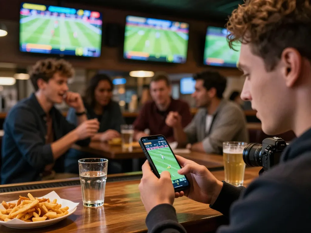 sin88 user placing live bets on smartphone while enjoying a sports game at a vibrant bar