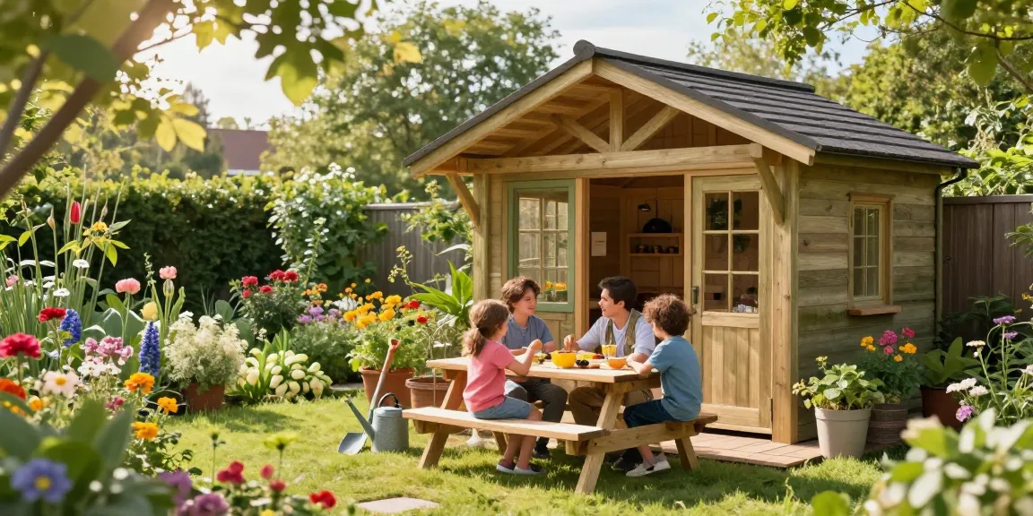 Gartenhäuser in malerischer Gartenlandschaft mit Familie bei einem Picknick